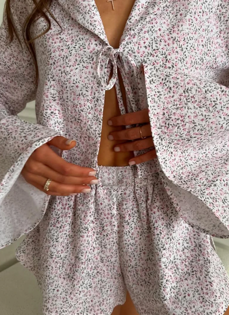 Printing Long Sleeve Pajama Turn-Down Collar Nightie Lace Up Sleepwear Set